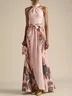 Beige Bow Classic Halter Floral Sleeveless A-Line Maxi Dress