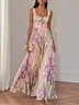 White Pleated Floral Chiffon Square Neck Sleeveless A-Line Maxi Dress