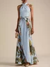 Beige Bow Classic Halter Floral Sleeveless A-Line Maxi Dress