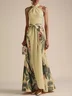 Beige Bow Classic Halter Floral Sleeveless A-Line Maxi Dress