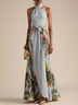 Beige Bow Classic Halter Floral Sleeveless A-Line Maxi Dress