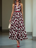 Wine Red Printing Ruffle Skirt Halter Sleeveless A-Line Maxi Dress