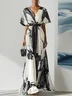 Blue Classic Floral V Neck Short Sleeve A-Line Maxi Dress