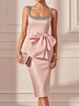 Purplish Blue Hot Drilling Bow Classic Crew Neck Sleeveless Sheath Midi Dress