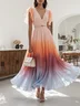 Orange Rhinestone Pleated Chiffon V Neck Sleeveless Ruffle Sleeve A-Line Maxi Dress