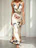 White Floral Satin V Neck Sleeveless A-Line Maxi Dress