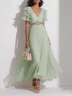Pink Pleated Rhinestone Chiffon V Neck Short Sleeve Ruffle Sleeve A-Line Maxi Dress