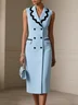Light Blue Piping Blazer Lapel Collar Sleeveless Sheath Midi Dress