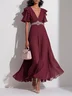 Pink Pleated Rhinestone Ruffle Sleeve A-Line Maxi Chiffon Dress