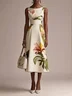 Beige Floral Boat Neck Sleeveless A-Line Midi Dress