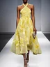 Yellow Floral Chiffon Halter Sleeveless A-Line Midi Dress