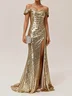 Blue Ruched Slit Sequin Off The Shoulder Short Sleeve Sheath Gown