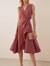 Red Bow Wrap Dress V Neck Linen Sleeveless A-Line Midi Dress