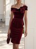Wine Red 3D Floral Peplum Velvet Off The Shoulder Short Sleeve Sheath Midi Dress