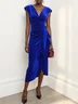 Blue Ruched Velvet V Neck Cap Sleeve A-Line Maxi Dress