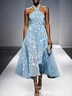 Yellow Floral Chiffon Halter Sleeveless A-Line Midi Dress