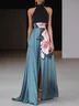 Black Slit Floral Classic Crew Neck Sleeveless A-Line Maxi Dress
