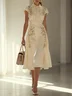 Apricot Embroidery Bow Classic Shawl Collar Cap Sleeve A-Line Midi Dress
