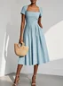 Light Blue Linen Square Neck Short Sleeve A-Line Midi Dress