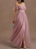 Pink Classic Off The Shoulder Short Sleeve Off Shoulder Sleeve A-Line Maxi Dress