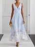 Light Blue Floral Linen V Neck Sleeveless A-Line Maxi Dress