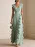 Light Green Ruffled Chiffon V Neck Cap Sleeve Ruffle Sleeve A-Line Maxi Dress