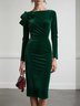 Green 3D Floral Ruched Velvet Boat Neck Long Sleeve Sheath Midi Dress
