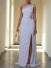 Purple Rhinestone Pleated Chiffon One Shoulder Sleeveless A-Line Gown Dress