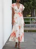 Orange Red Chiffon V Neck Short Sleeve Bell Sleeve A-Line Midi Dress