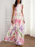 Pink Pleated Chiffon Crew Neck Sleeveless A-Line Maxi Dress