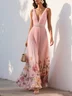 Pink Pleated Floral Deep V Neck A-Line Maxi Chiffon Dress