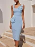 Light Blue Imitation Pearls 3D Floral Classic Square Neck Sleeveless Sheath Midi Dress