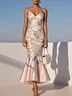 Pink Floral Satin Spaghetti Gallus Mermaid Midi Dress