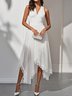 White Pleated Asymmetric Chiffon V Neck Sleeveless A-Line Midi Dress