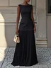 Off White Pleated Classic Boat Neck Sleeveless A-Line Maxi Dress