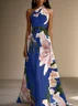 Pink Floral Satin One Shoulder Sleeveless A-Line Maxi Dress