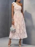 Pink Floral Bow Classic One Shoulder Sleeveless A-Line Midi Dress