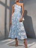 Light Blue Floral Ruched Classic One Shoulder Sleeveless A-Line Midi Dress