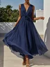 Purplish blue 3D Floral Pleated Chiffon V Neck Sleeveless A-Line Maxi Dress