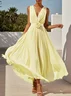 Pink 3D Floral Ruched V Neck A-Line Maxi Chiffon Dress