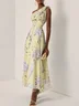 Light Blue Floral Ruched Chiffon One Shoulder Sleeveless A-Line Maxi Dress