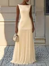 Off White Pleated Boat Neck Sleeveless A-Line Maxi Dress