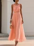 Orange Lace Pleated Chiffon Crew Neck Sleeveless A-Line Maxi Dress