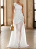 White 3D Floral Ruched Classic One Shoulder Sleeveless A-Line Maxi Dress