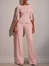 Women White Imitation Pearls Slit Boat Neck Half Sleeve Dressy Jumpsuit