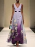Light Blue Floral Chiffon V Neck Sleeveless A-Line Midi Dress