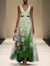 Light Blue Floral Chiffon V Neck Sleeveless A-Line Midi Dress