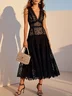 Black Lace Lace V Neck Sleeveless A-Line Midi Dress