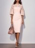 Pink Lace Classic Crew Neck Short Sleeve Balloon Sleeve Sheath Midi Dress