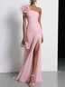 Pink Chiffon 3D Floral Slit  One Shoulder Sleeveless Sheath Gown Dress